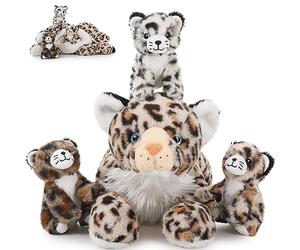 MorisMos 45cm/18in Snow Leopard Soft Toy with 3 Babies inside, Lifelike Leopard Teddy Stuffed Animal Plush Toy Cuddly, Kawaii Presents for Kids Girls Boys Children Birthday Party Decorations