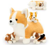 MorisMos 4pcs Corgi Plush Teddy Stuffed Animal with 3 Baby Puppies Inside, 18in Soft Corgi Dog Plush Toy, Kawaii Mommy Puppy Plushie Gift for Kids, Girls, Boys & Dog Lovers