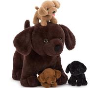 MorisMos 4Pcs Lab Plush Toy, 40 cm Chocolate Mom Labrador Stuffed Animal with 3 Cute Stuffed Baby Dogs in Mother's Belly, Soft Lab Puppy Plushies for Kids Dog Lovers,Christmas Birthday Gift
