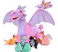 MorisMos 55cm/22in Dragon Teddy Soft Toy with 4 Babies & 2 Eggs inside, Lifelike Dragons Plush Stuffed Animal, for Kids Boys Children Birthday Party Decoration Pink