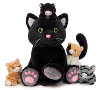 MorisMos Big Black Cat Teddy Soft Toy, 40cm Mom with 4 Cuddly kittens Baby Inside, Giant Fluffly Plush Cat, Realistic Kawaii Stuffed Animal Gift for Kids Birthday Deco
