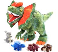 MorisMos Big Dinosaur Teddy Stuffed Animal, 45cm Cuddly Fluffy Dilophosaurus Mommy with 4 Babies Inside Large Green Plush Soft Toys Kawaii Dino Plushies Gift for Kids Birthday Valentines Deco