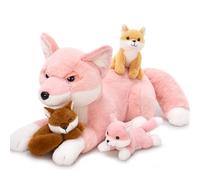 MorisMos Big Fox Teddy Soft Toy, 55cm Cuddly Fluffy Mommy with 3 Babies Inside, Pink Plush Stuffed Animal Teddy Gift for Kids Birthday Deco