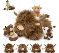 MorisMos Big Highland Cattle Teddy Soft Toy, 50cm Mom Cattle with 3 Cuddly Baby Inside, Lifelike Cow Stuffed Animal Plush Cuddly, Kawaii Presents for Kids Girls Boys Birthday Party Decorations
