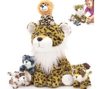MorisMos Big Leopard Teddy Soft Toy, 35cm Mom with 4 Cuddly Baby Inside, Giant Fluffly Cheetah Plush Toy Realistic Kawaii Gift for Kids Birthday Deco