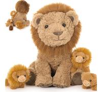 MorisMos Big Lion Teddy Soft Toy, 45cm Cuddly Fluffy Lion Mom with 3 Babies Inside, Large Brown Stuffed Animal Kawaii Plushies Gift for Kids Birthday Deco