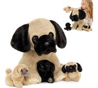 MorisMos Big Pug Teddy Soft Toy, 35cm Mom Dog with 3 Cuddly Baby Inside, Giant Fluffly Pug Plush, Realistic Kawaii Puppy Stuffed Animal Present for Kids Birthday Easter Deco