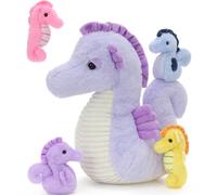 MorisMos Big Seahorse Teddy Soft Toy, 35cm Cuddly Fluffy Mommy with 4 Babies Inside, Plush Stuffed Animal Teddy Gift for Kids Birthday Deco