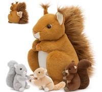 MorisMos Big Squirrel Teddy Stuffed Animal, 35cm Mom with 3 Cuddly Baby Inside, Giant Fluffly Soft Toy Realistic Kawaii Gift for Kids Birthday Deco