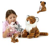 MorisMos Big Tiger Teddy Soft Toy, 32cm Mommy Tiger with 4 Baby Cubs in Zippered Belly, Lifelike Tiger Stuffed Forest Jungle Wild Zoo Animal Plush Cuddly, Gifts for Kids Birthday Party Decorations