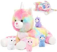 MorisMos Big Unicorn Cat Teddy Soft Toy, 60cm Large Cat with 3 Cuddly Kittens Inside,Realistic Fluffy Plush Gift for Kids Girlfriend Birthday Christmas Deco