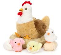 MorisMos Chicken Teddy Soft Toy, 36cm Mom Chicken with Cuddly Chicks Baby Inside, Egg Laying Hen Plush Toys, Kawaii Fluffy Stuffed Animals Presents for Kids Birthday Deco