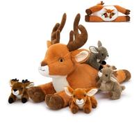 MorisMos Deer with Antlers Teddy Soft Toy with Babies Inside, 45cm Lifelike Lying Reindeer Fawn Stuffed Animal Plush, Kawaii Gifts for Kids Girls Boys, Birthday Christmas Party Decorations