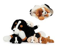 MorisMos Dog Teddy Stuffed Animal, 60cm Cuddly Mommy Dog with 4 Babies Puppy Inside Kawaii Giant Dog Plush Soft Toy Gift for Kids Birthday Valentines Deco