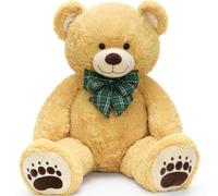 MorisMos Giant 120cm Teddy Bear, Light Brown Plush with Grid Bow Tie, Soft & Cuddly Big Bear, Perfect Birthday for Girls, Boys, and Teens, Easy-Care Nursery Room Decor