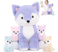 MorisMos Giant Fox Plush Soft Toys, 48cm Purple Mommy with 4 Cuddly Babies Inside, Kawaii Big Fox Teddy Large Plushie Gift for Kids Birthday Deco