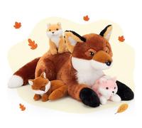 MorisMos Giant Fox Teddy Stuffed Animal, 55cm Brown Mom with 3 Cuddly Babies Inside, Kawaii Soft Plush Toy Large Gift for Kids Birthday Christmas Deco
