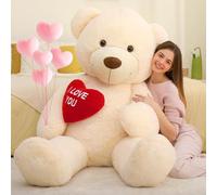 MorisMos Giant I Love You Teddy Bear with Heart, XXL 130cm Lvory Teddy Bear for Girlfriend, Large Soft Plush Toy, Big Cuddly Fluffy Bear Gift for Kids Birthday Christmas Deco