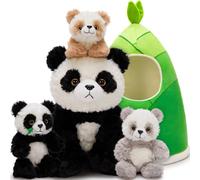MorisMos Giant Panda Teddy, 35cm Mom with 3 Cuddly Baby, Giant Fluffly Panda with Bamboo Shoots Soft Plush Toy Realistic Kawaii Gift for Kids Birthday Deco