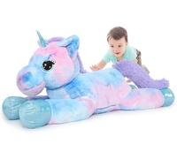MorisMos Giant Unicorn Teddy Soft Toy, 80cm Rainbow Blue Cuddly Unicorn Plush Pillow, Big Fluffy Gift for Kids Girlfriend Birthday Mothers Deco