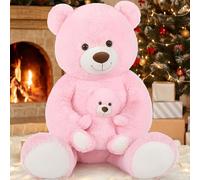 MorisMos XXL Giant Teddy Bear 130cm, Large Pink Teddy Mom with Cuddly Baby, Big Fluffy Teddies Plush Toy, Soft Bear Gift for Kids Girlfriend Birthday Christmas