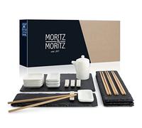 Moritz & Moritz 26-Piece Sushi Serving Set for 4 People - Complete Sushi Set with 4 Sushi Plates, 1 Serving Plate, 4 Dip Bowls, 8 Chopsticks, and More - Elegant Slate, Porcelain & Bamboo Design