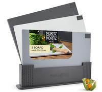 Moritz & Moritz 3X Grey Chopping Board Set with Stand 32 x 22 cm - Chopping Boards for Kitchens with Anti-Slip Studs for Safe Cutting - Cutting Boards in a Cutting Board Stand