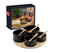 Moritz & Moritz 4X Black Dip Bowl Set with Wooden Tray - Snack Bowls Set Ceramic - Serving Set with Spoons