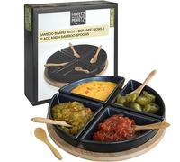 Moritz & Moritz 4X Black Dip Bowl Set with Wooden Tray - Snack Bowls Set Ceramic - Serving Set with Spoons