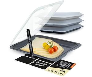 Moritz & Moritz 4x Cold Meat Containers for Fridge - Stackable - Grey Colours - Airtight Cold Cuts Storage Containers with Lids for Storing Cold Meats, Cheese etc. - with Stickers for Labelling