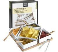 Moritz & Moritz 5X White Dip Bowl Set with Wooden Tray - Snack Bowls Ceramic - Serving Set with Spoons