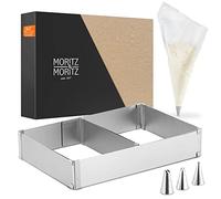 Moritz & Moritz Adjustable Cake Frame - Expandable Stainless Steel Cake Tin (27x18 cm to 51x33 cm) - Includes 10 Piping Bags & 3 Nozzles - Perfect for Cakes, Mousses & Pizzas
