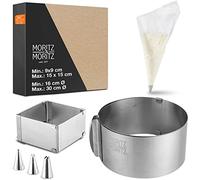 Moritz & Moritz Baking Frame Set of Stainless Steel - Infinitely Adjustable - Baking pan Square and Cake Ring Adjustable for Baking and Decorating - with 10 Piping Bags and 3 attachments.