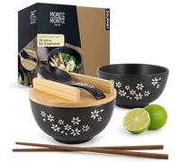 Moritz & Moritz Ceramic Ramen Bowl Set of 2 - Ø 15cm - 600ml / 20,3 Oz - Black with Flowers - Includes Bamboo Lids, Spoons & 4X Chopsticks - Japanese Noodle Soup Bowls for Ramen, Pho, Udon, Salad