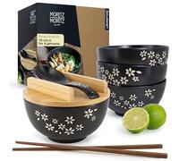 Moritz & Moritz Ceramic Ramen Bowl Set of 4 - Ø 15cm - 600ml / 20,3 Oz - Black with Flowers - Includes Bamboo Lids, Spoons & 8X Chopsticks - Japanese Noodle Soup Bowls for Ramen, Pho, Udon, Salad