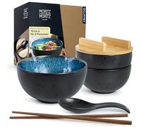 Moritz & Moritz Ceramic Ramen Bowls Set of 3 - Ø 15cm - 600ml / 20,3 Oz - Black & Blue - Includes Bamboo Lids, Spoons & 6X Chopsticks - Japanese Noodle Soup Bowls for Ramen, Pho, Udon, Salad