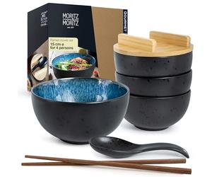 Moritz & Moritz Ceramic Ramen Bowls Set of 4 - Ø 15cm - 600ml / 20,3 Oz - Black & Blue - Includes Bamboo Lids, Spoons & 8X Chopsticks - Japanese Noodle Soup Bowls for Ramen, Pho, Udon, Salad
