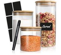 Moritz & Moritz Glass Storage Jars with Bamboo Lids - 3 Airtight Food Containers - 1.5L / 0.75L / 0.5L - Borosilicate Glass Kitchen Jars - Pantry Storage Set with Chalk Labels