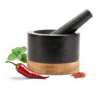 Moritz & Moritz Granite Mortar and Pestle Set - 14cm (5,1") Large Pestle and Mortar with Wooden Base - Heavy Duty Stone Grinder for Spices, Herbs, Pastes - Premium Kitchen Gift Set