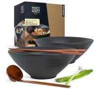 Moritz & Moritz Large Ramen Bowl Set of 2 - Ceramic Japanese Noodle Bowls 1300ml / 44 Oz - Ø 24cm - Matte Black - with Wooden Chopsticks & Spoons - Asian Soup Bowls for Ramen Pho Udon