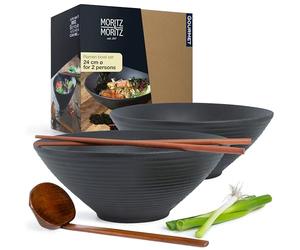 Moritz & Moritz Large Ramen Bowl Set of 2 - Ceramic Japanese Noodle Bowls 1300ml / 44 Oz - Ø 24cm - Matte Black - with Wooden Chopsticks & Spoons - Asian Soup Bowls for Ramen Pho Udon