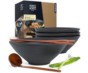 Moritz & Moritz Large Ramen Bowl Set of 4 - Ceramic Japanese Noodle Bowls 1300ml / 44 Oz - Ø 24cm - Matte Black - with Wooden Chopsticks & Spoons - Asian Soup Bowls for Ramen Pho Udon