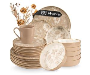 Moritz & Moritz MARIELLA Stoneware Crockery Set for 6 People, 24 Pieces, Modern Dinner Service in Beige with Playful Design, Easy-Care Coffee Service with Plate Set, Bowls and Cups, Crockery Service