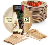 Moritz & Moritz Palm Leaf Round Tableware 75 Pieces Diameter 20 cm with Disposable Cutlery - 25 Sustainable Disposable Plates - Alternative to Bamboo Tableware and Bamboo Plates