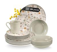 Moritz & Moritz Primavera Stoneware Crockery Set for 6 People with Coffee Cups - 24-Piece Dinner Service with Plate Set, Cereal Bowl and Cups 400 ml - Dishwasher Safe