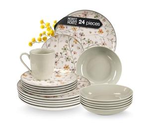 Moritz & Moritz Primavera Stoneware Crockery Set for 6 People with Coffee Cups - 24-Piece Dinner Service with Plate Set, Cereal Bowl and Cups 400 ml - Dishwasher Safe