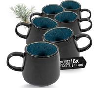 Moritz & Moritz Solid Set of 6 Cups Black/Blue - Coffee Mug Set Made of Robust Stoneware - 400 ml Volume - Dishwasher & Microwave Safe - Perfect for Coffee, Tea & More