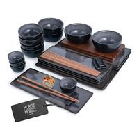 Moritz & Moritz VIDA 29-Piece Sushi Set for 4 - Large Japanese Dinnerware Set with Sushi Plates, Miso Bowls, Dipping Dishes & Chopsticks - Elegant Sushi Serving Set in Anthracite and Natural Wood