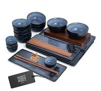 Moritz & Moritz VIDA 29-Piece Sushi Set for 4 - Large Japanese Dinnerware Set with Sushi Plates, Miso Bowls, Dipping Dishes & Chopsticks - Elegant Sushi Serving Set in Blue and Natural Wood