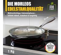 Morleos Stainless Steel Frying Pan 24 cm Uncoated 5 Layer 3 mm 1 kg Induction Dishwasher and Oven Safe up to 400 °C Gastro Quality
